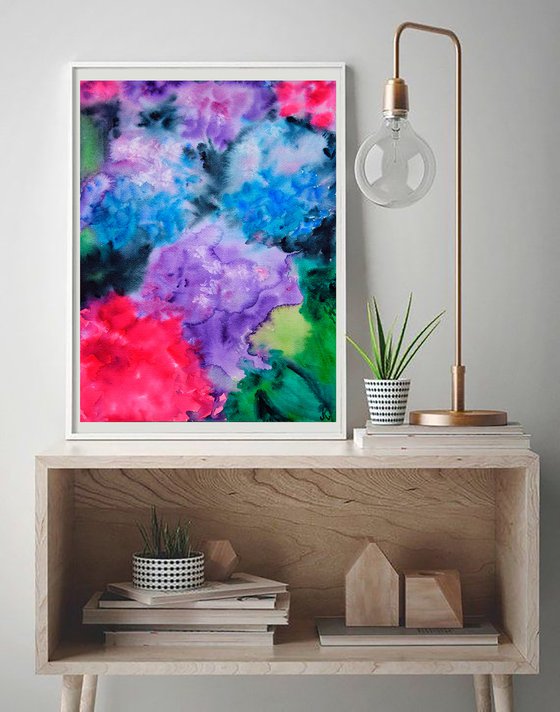 Hydrangea flowers painting, purple hortensia original watercolor art, summer floral wall art