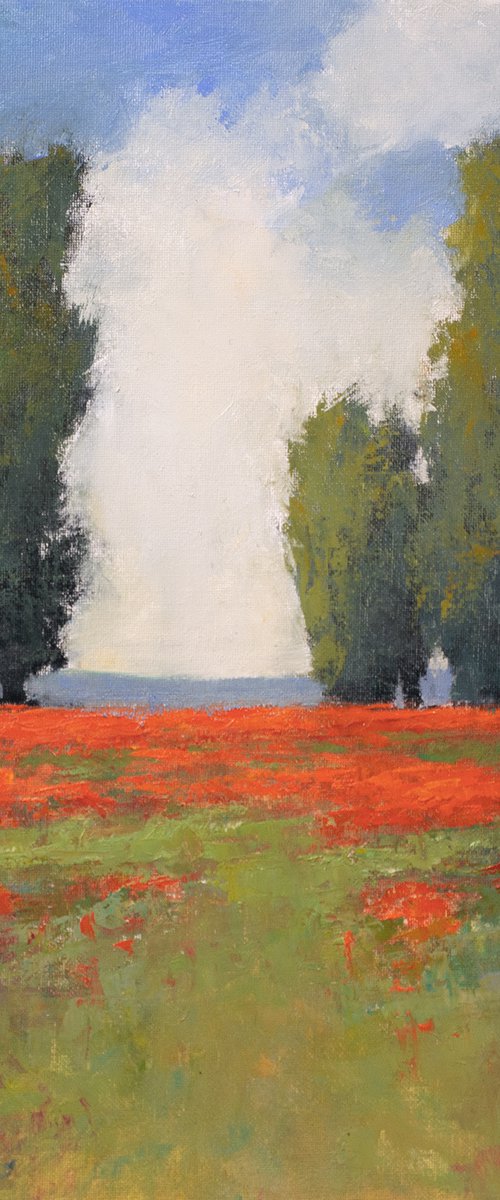 Red Poppy Field 220408, flower field impressionist landscape oil painting by Don Bishop