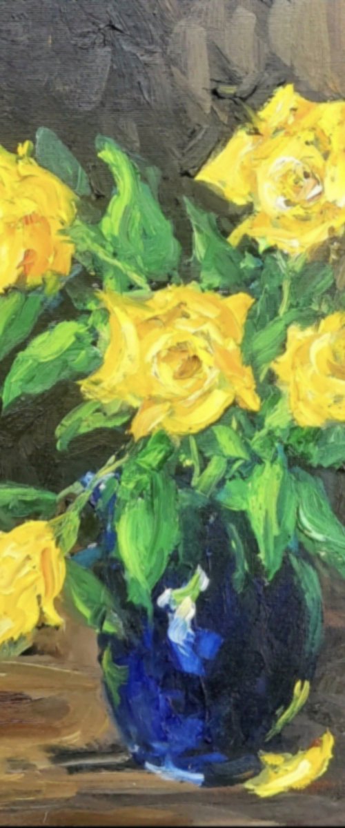 yellow roses in blue vase by Colin Ross Jack