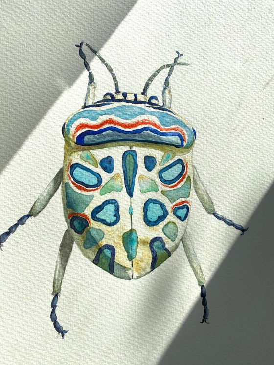 Picasso beetle in the sun's rays like a living canvas demonstrates nature's creativity in bright colour