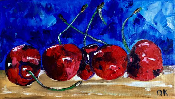 Cherries. Still life. Palette knife painting on linen canvas