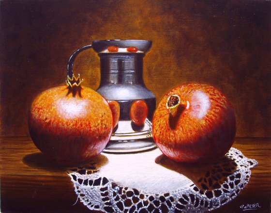 2 pomegranates with pewter jug