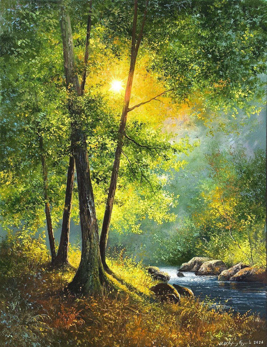 Photorealistic Oil Painting , Forest Glow By The River By Sergei Miqaielyan, 12 X 16, Artwork For Sale On Artfinder