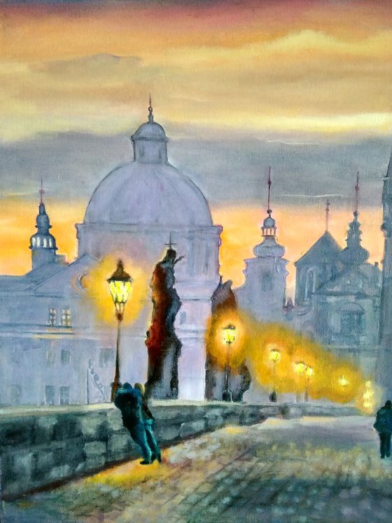 Twilight Prague Charles Bridge Original Oil Painting Couple Romantic Cityscape Lilac Orange