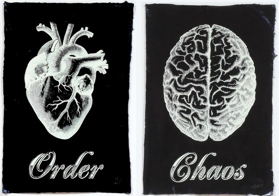 Order Chaos on Handmade Black Lacquered Paper, Medical Antique Heart and Brain Screen Print