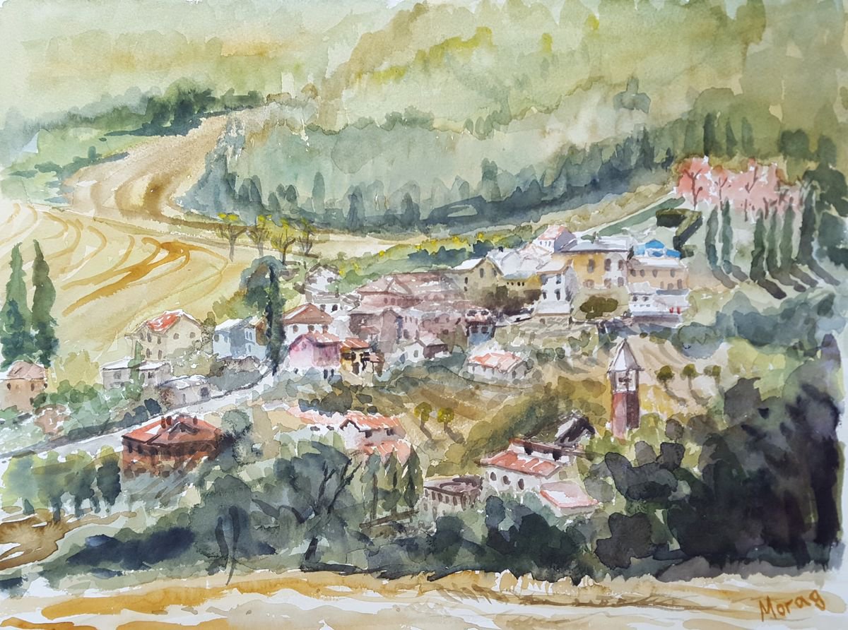 Impressionistic Landscape Watercolour By Morag Paul, 24 X 20", Late Summer In Attiggio, Original Artwork