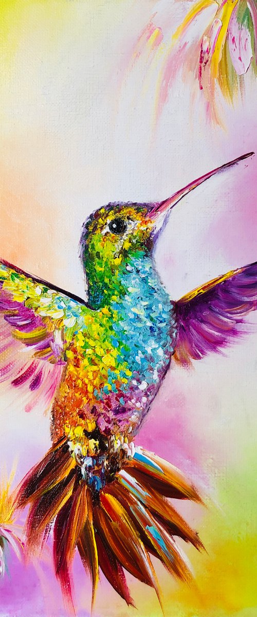 BRIGHT FLIGHT - Bright hummingbird. Tropical bird. Soaring bird. Rainbow hummingbird. Fairy tale. Magic. Dreams. Fantasy. by Marina Skromova