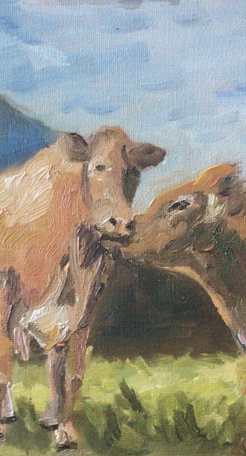 Brown Cows oil painting by Julian Lovegrove Art