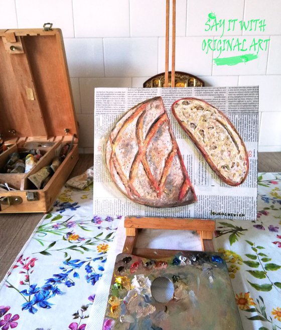 "Bread Loaf on Newspaper" Original Oil on Canvas Board Painting 12 by 10 inches (30x25 cm)