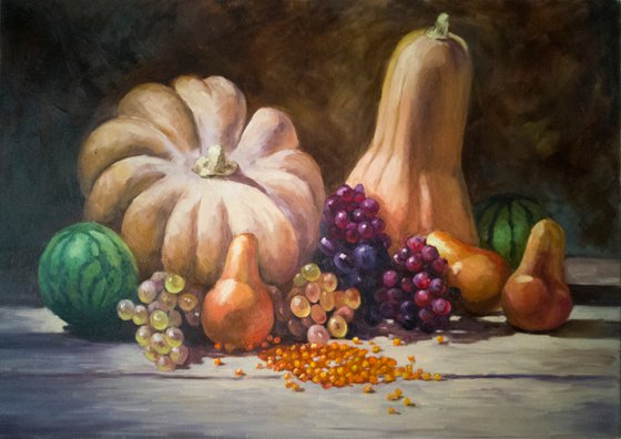 Autumn still life with pumpkins, pears, grapes and watermelons