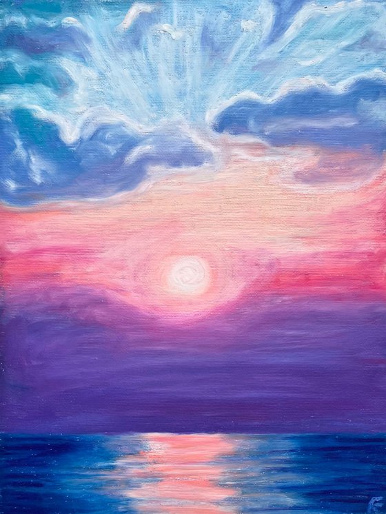 Sea Original Painting, Sunset Oil Pastel Drawing, Seascape Art, Pastel Home Decor