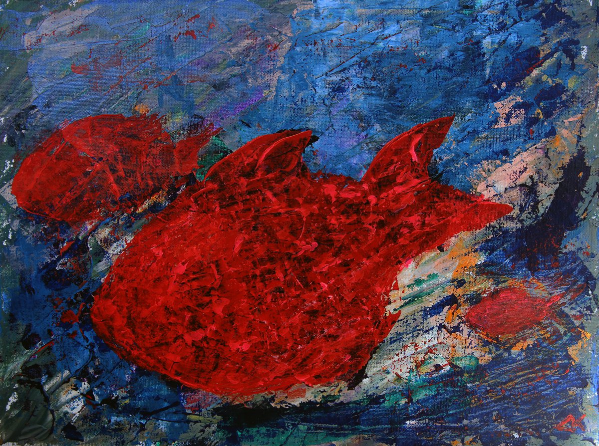 Surrealistic Animal Acrylic Painting By Denys Kuvaiev, 16 X 12, Red Fishes, Original Artwork