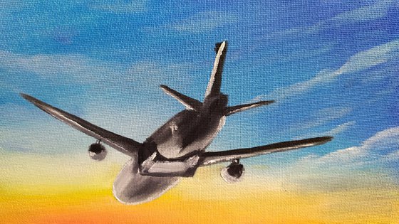 First flight, sky plane oil painting, Gift, impressionistic work