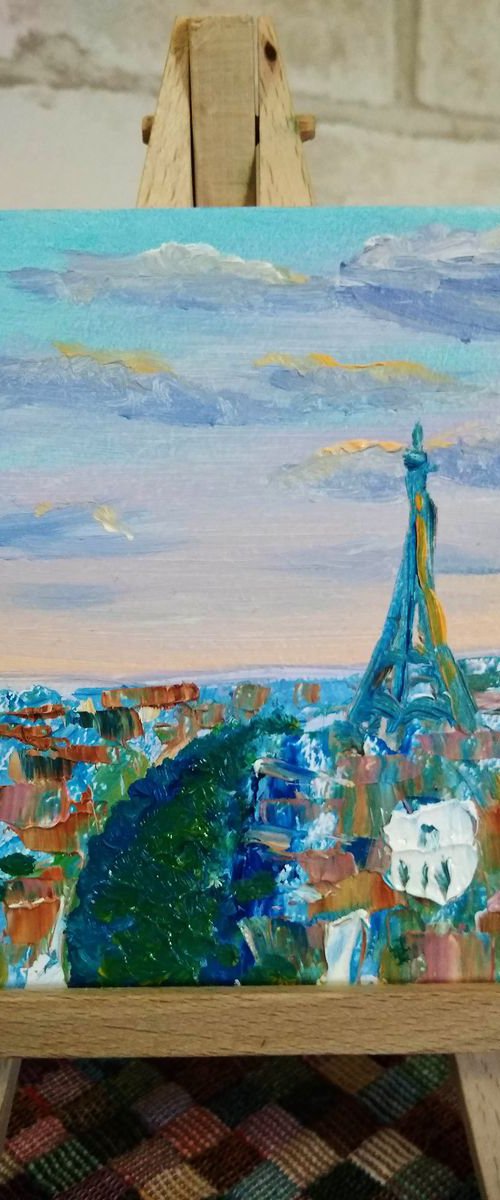 Paris cityscape. Sunset. Miniature painting by Dmitry Fedorov