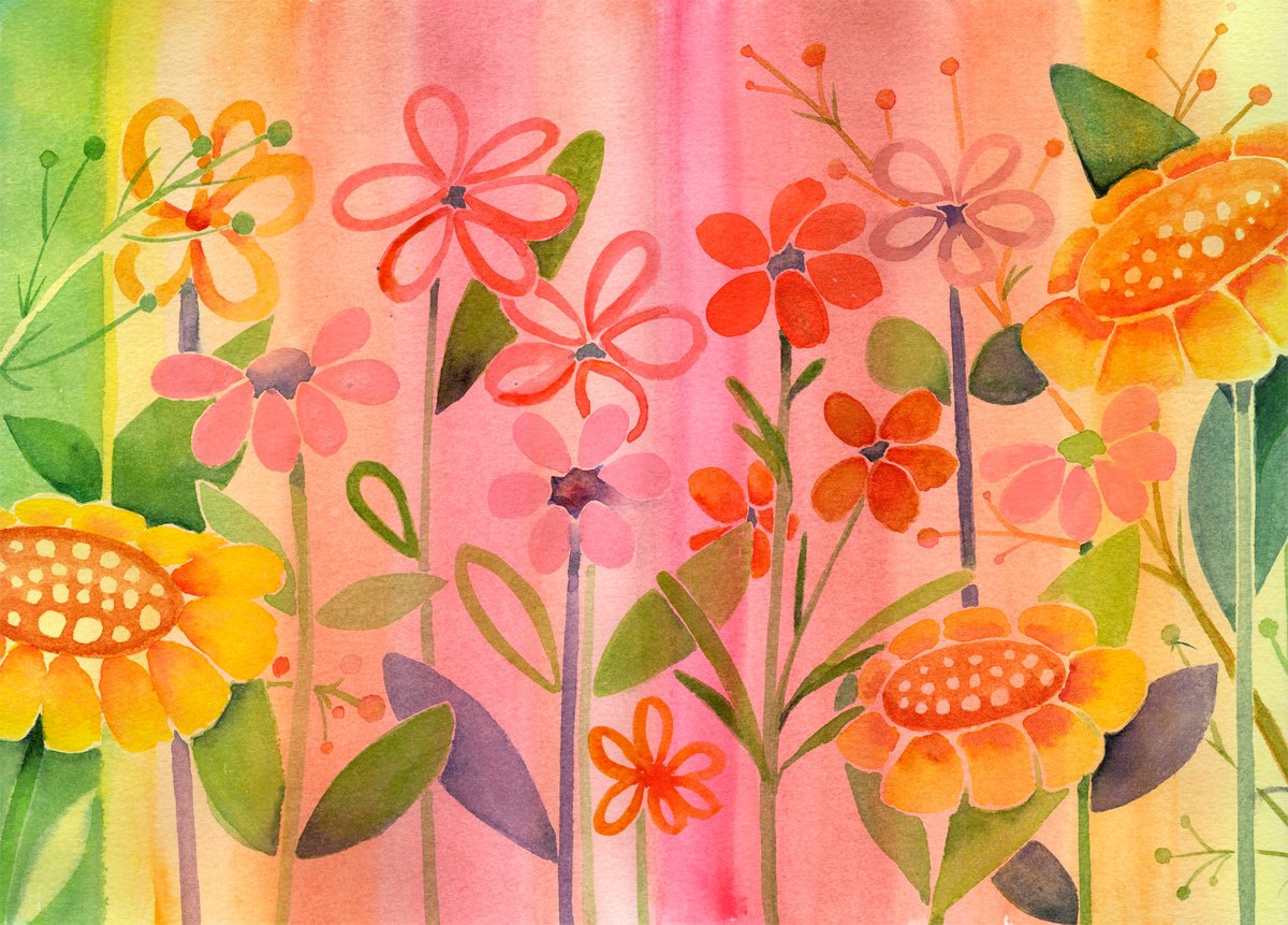 Naive Botanical Watercolour By Anjana Cawdell, 16 X 12, Floral Symphony, Original Artwork