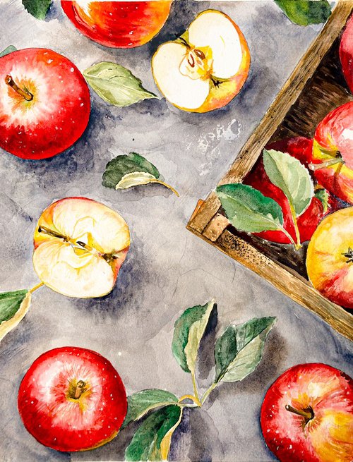Bright Apples in a Wooden Box by Irina Kurganskaya