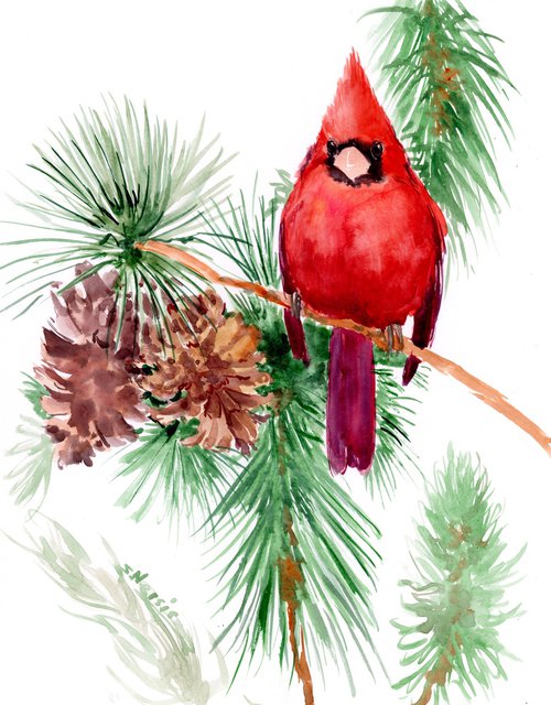 Red Cardinal And Pine Tree by Suren Nersisyan
