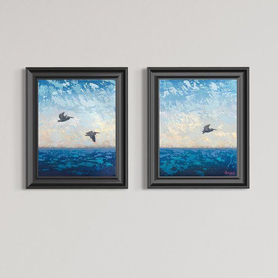 “SEASCAPE #16 WITH PELICANS”