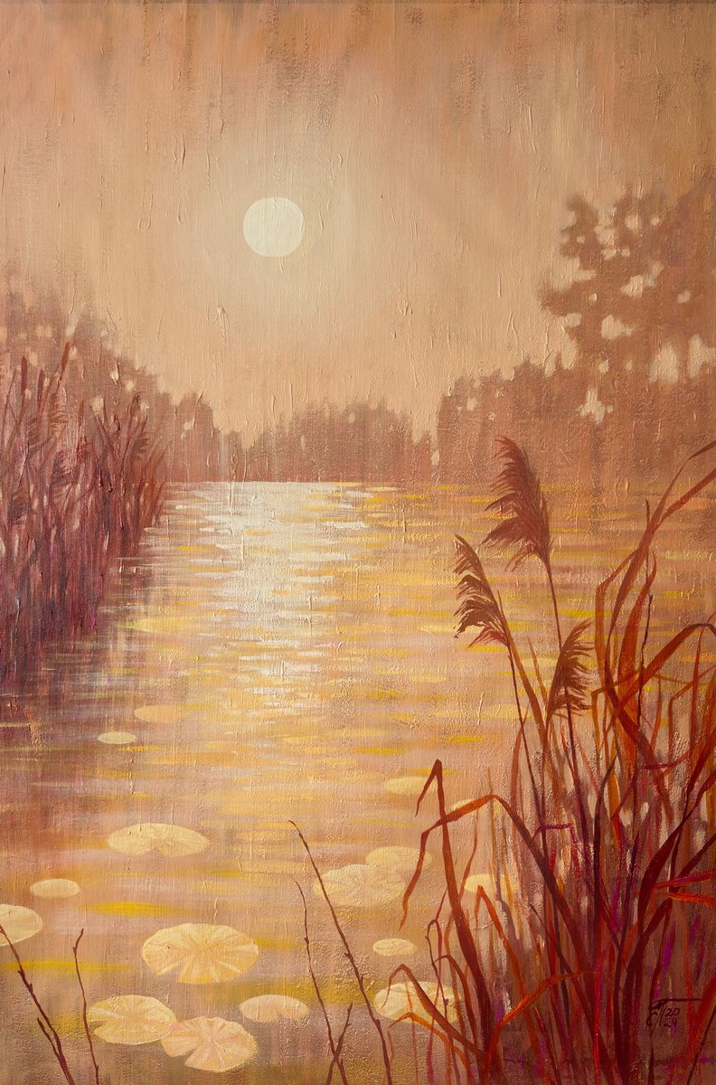 Impressionistic Landscape Acrylic Painting By Ekaterina Prisich, 35 X 55, Sunset Pond With Reeds, Original Artwork