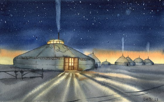 Nomads. Winter landscape with yurts and starry sky. Original watercolor.