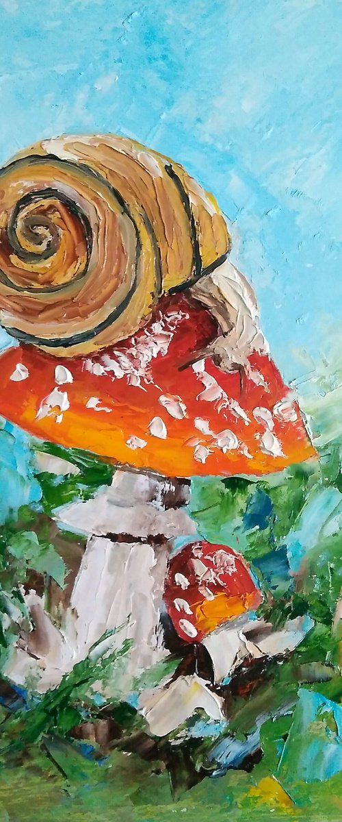 Snail Painting Mushroom Original Art Forest Landscape Artwork Animal Wall Art Oil Impasto Painting by Yulia Berseneva