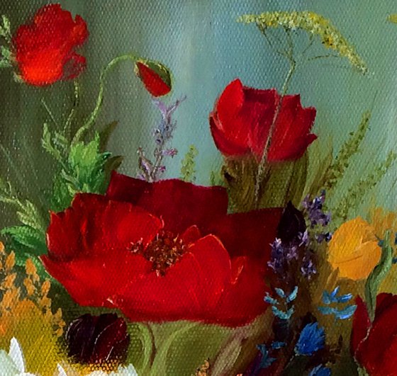 BOUQUET OF WILDFLOWERS - Nice still life. Bouquet of red poppies. White daisies. Summer. Flower garden. Pleasantly. armful.