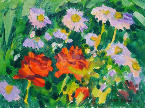Coral roses and Chamomiles, evening (plein air) by Dima Braga