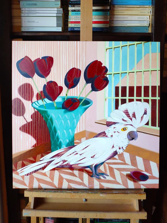 Cockatoo and tulips