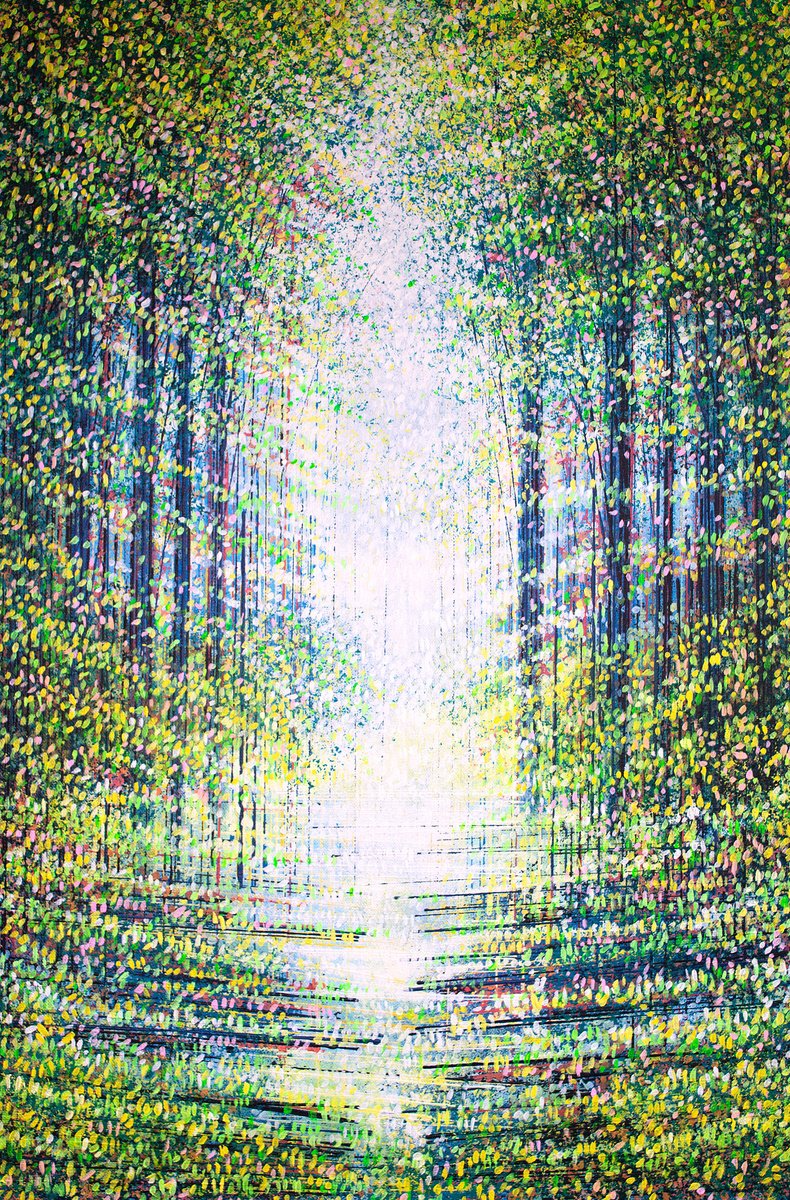 Impressionistic Landscape Acrylic Painting By Marc Todd, 20 X 30", Sunlit Spring Trees, Original Artwork