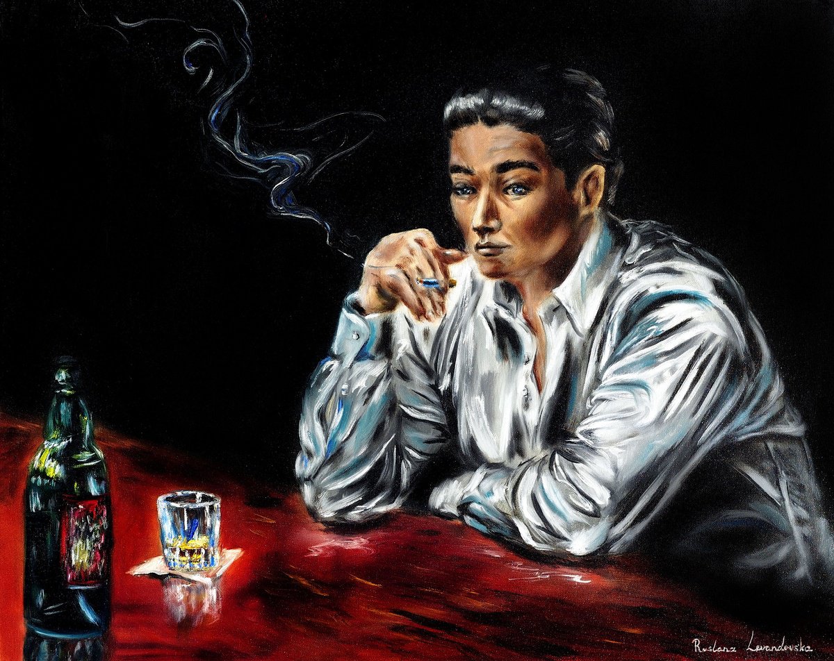 Impressionistic Portrait Oil Painting By Ruslana Levandovska, 30 X 24", Mystery At The Bar, Original Artwork