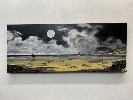 Old Harry Rocks under a Full Moon on a Panoramic Canvas