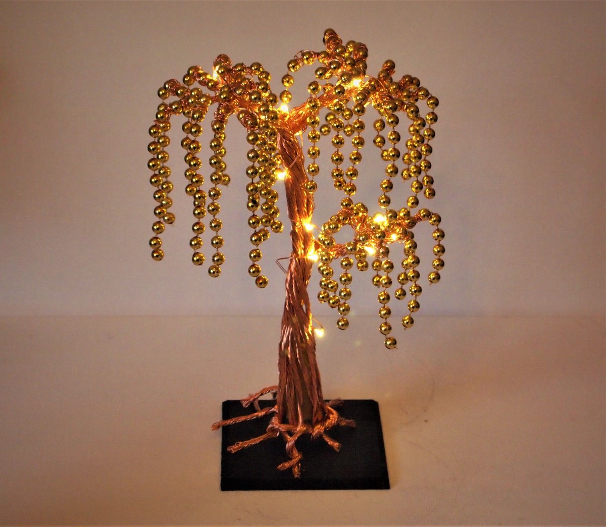 Copper wire tree sculpture with Beads and Warm white LED lights by Steph Morgan