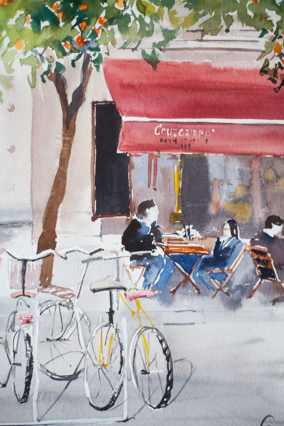 Seville, Spain. Original watercolor urban landscape. Terrace people spain south seville street scene