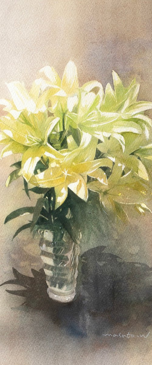 Luminous Lilies in Glass Vase - Still Life by Masato Watanabe