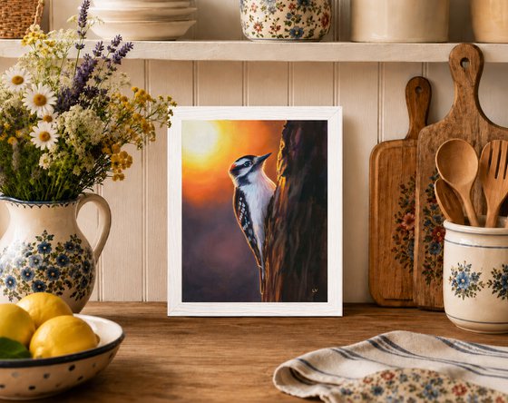 Downy woodpecker bird on a trunk