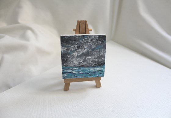 Morning View by the Sea - Miniature acrylic painting on canvas with easel