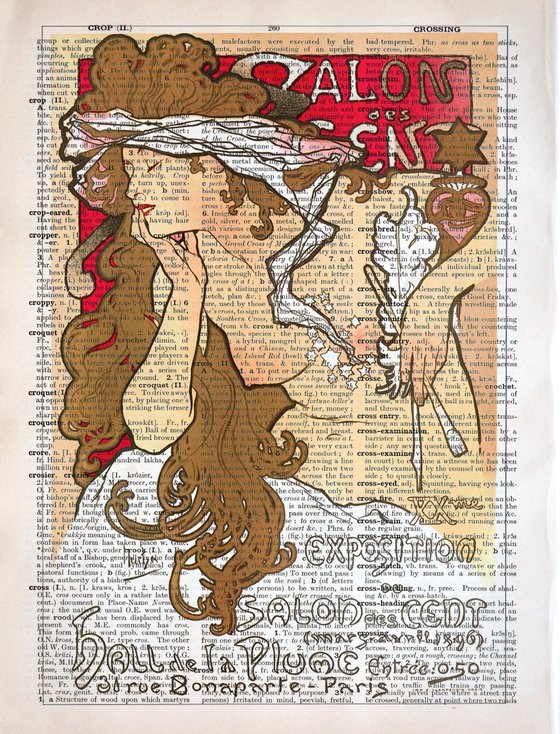 Salon des Cent XXeme Exposition - Collage Art Print on Large Real English Dictionary Vintage Book Page