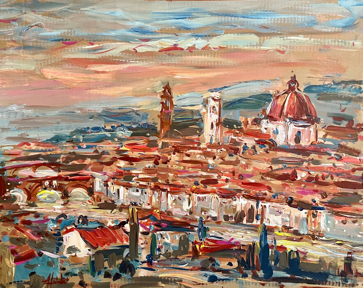Impressionistic Landscape Acrylic Painting By Altin Furxhi, 28 X 23, The Balcony Of Florence., Original Artwork
