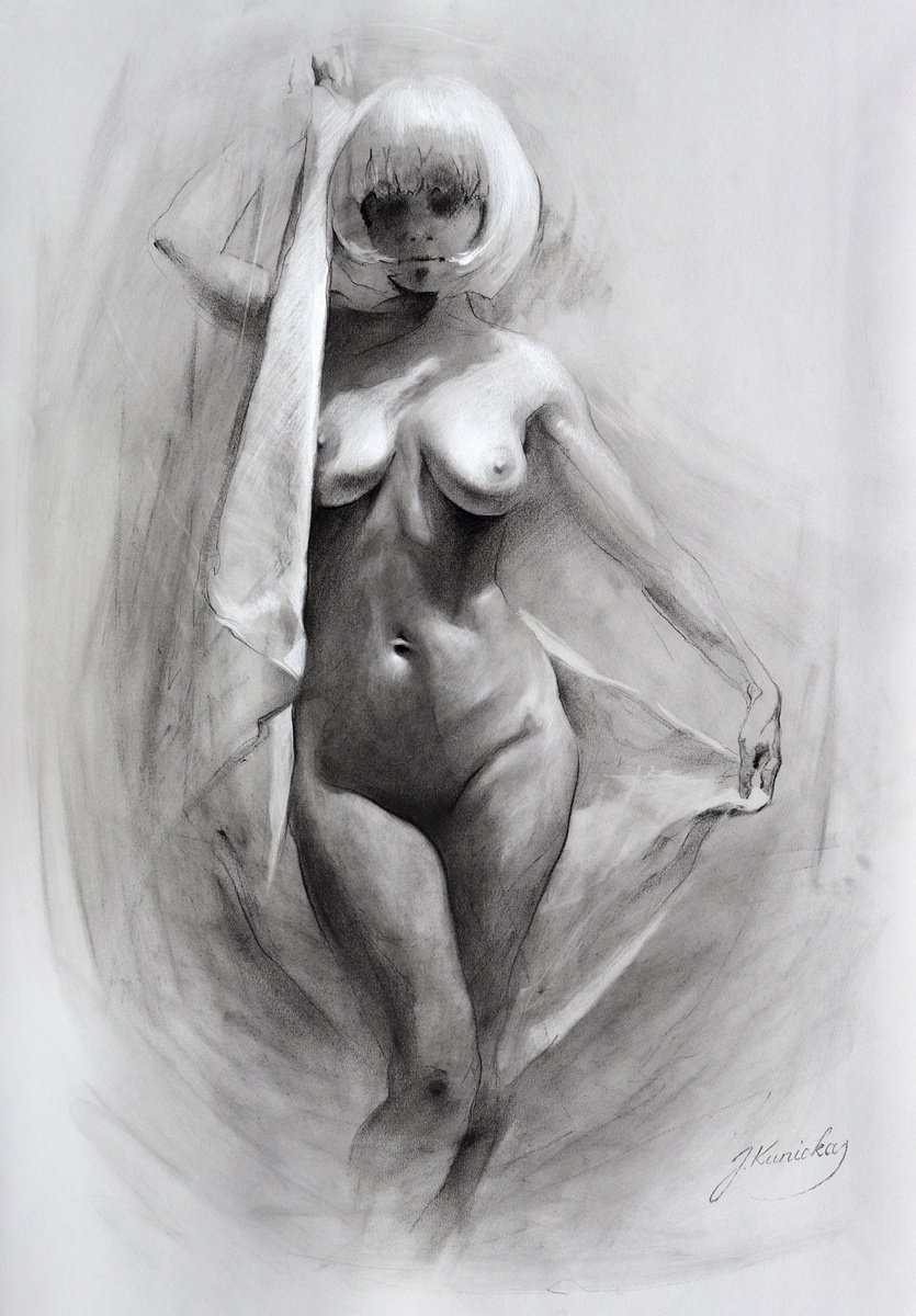 Impressionistic Portrait Charcoal Drawing By Jonas Kunickas, 20 X 28, P24-1001 Skinny Dip, Original Artwork