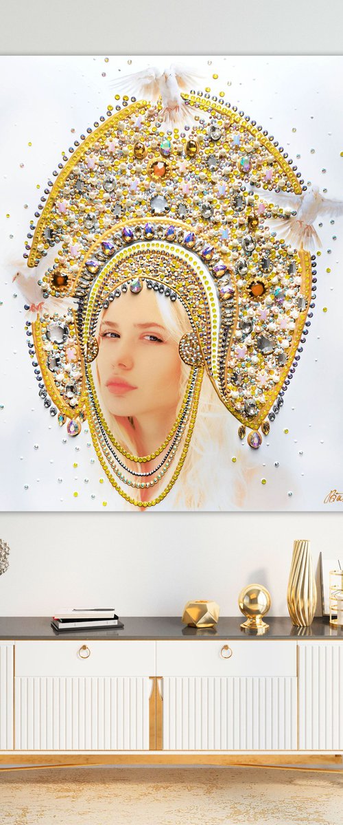 Custom portrait from a photo Queen \ Princess. Art commission. Large painting, mixed media photo collage with precious stones, rhinestones by BAST