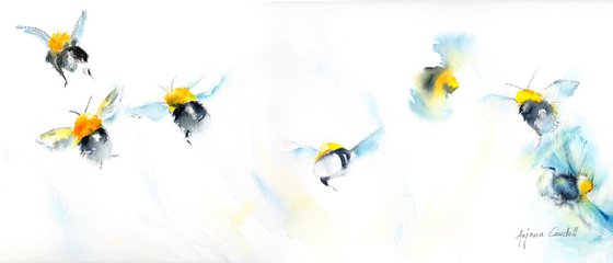 Bee painting, Bees in watercolour, Bee wall art, Panoramic painting, Minimalistic art