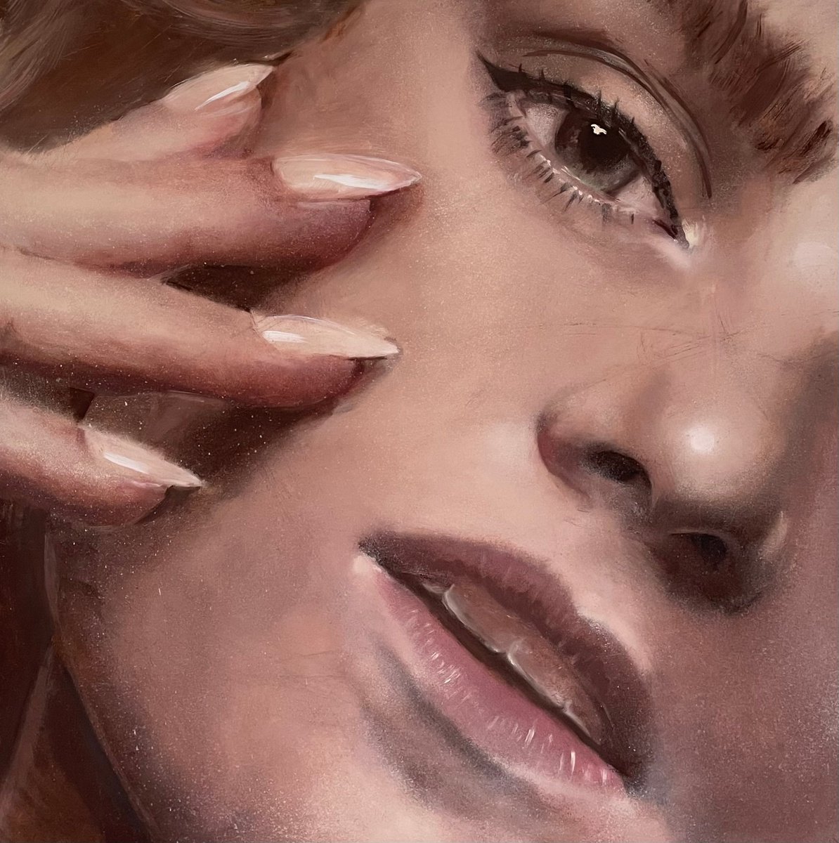 close up female portrait blonde woman staring lips portraiture oil on canvas painting by Renske Karlien Hercules