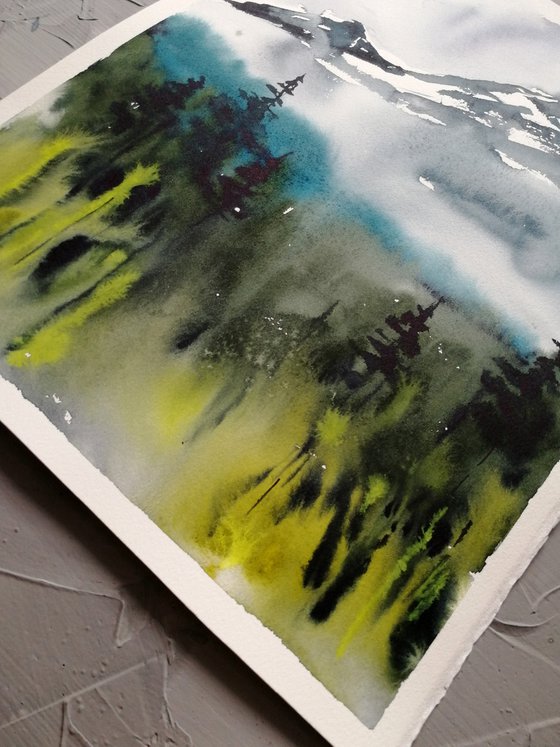 Foggy mountain painting