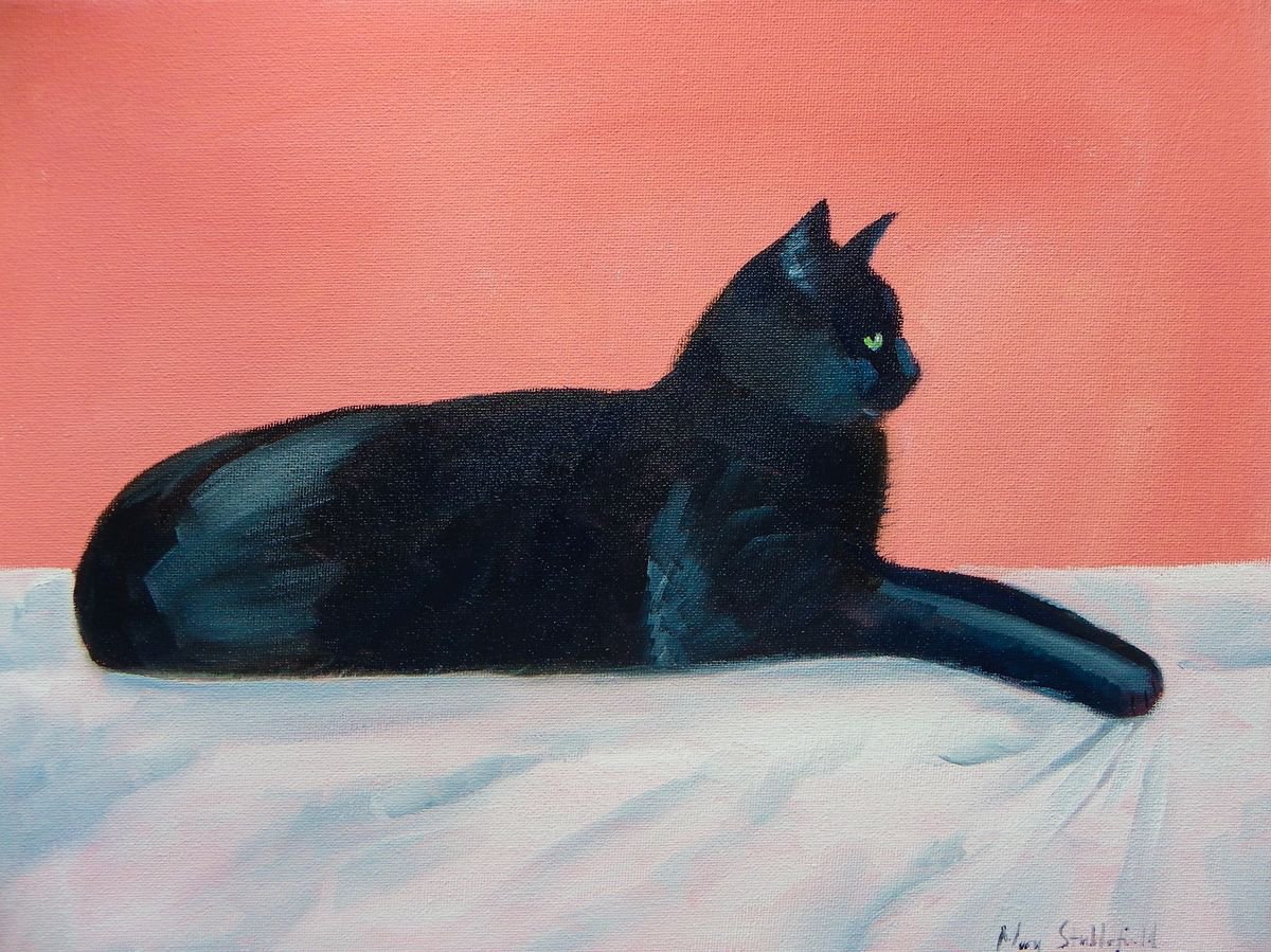 Black cat on the bed by Mary Stubberfield