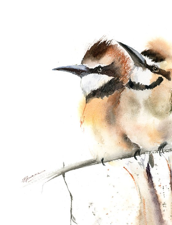 Two white throated bee eater birds  -  Original Watercolor Painting