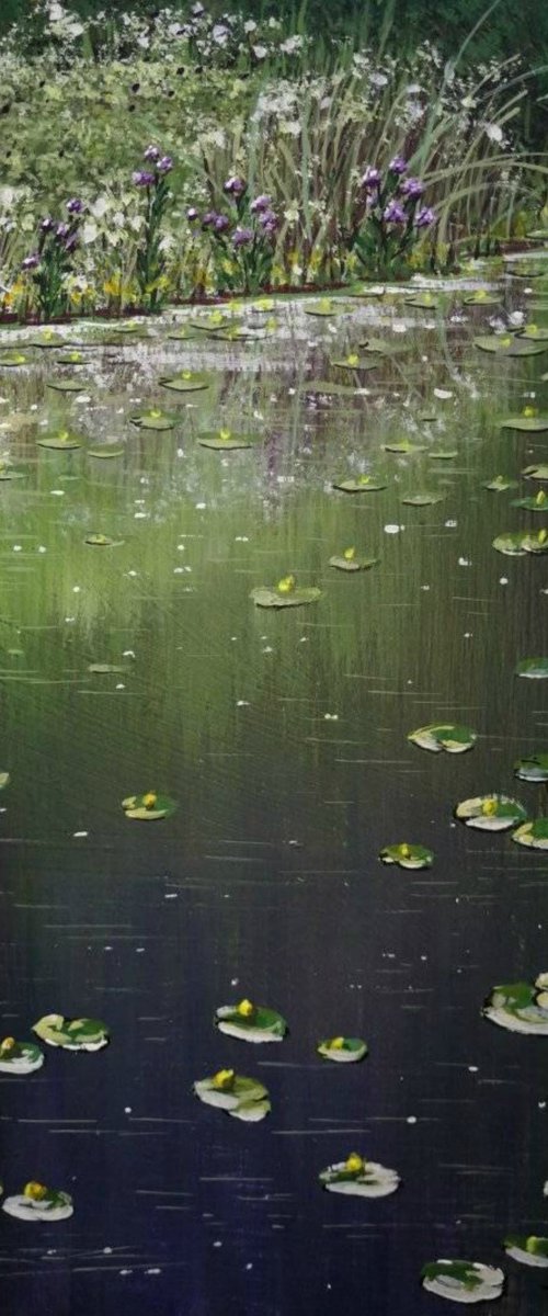 Lilies on the lake. Acrylic on panel 30x20cm by Eugene Gorbachenko