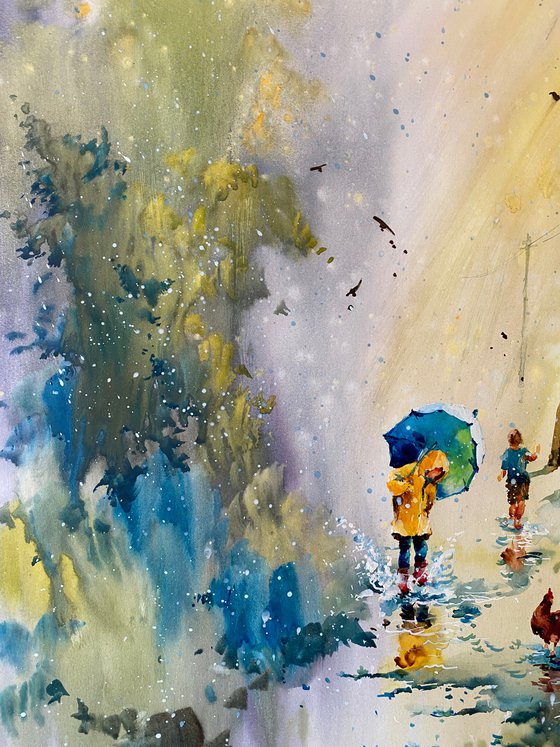 Watercolor "After rain. Childhood joy", perfect gift