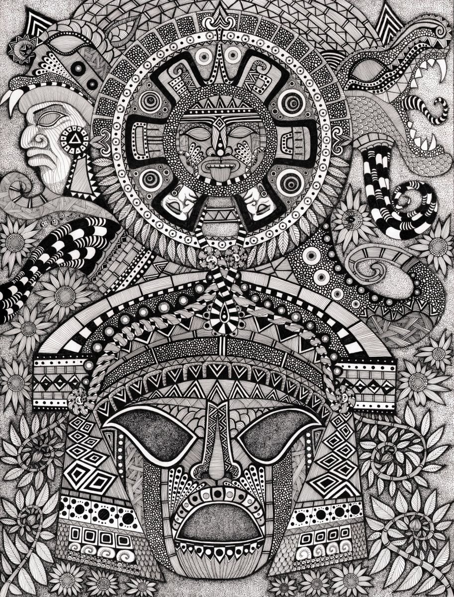 Illustrative Abstract Ink Drawing By Terri Smith, 24 X 30", Ancient Faces: Mayan, Original Artwork