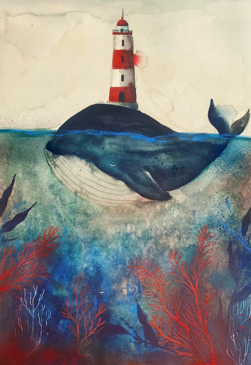 Illustrative Animal Watercolour By Evgenia Smirnova, 12 X 17, Whale & Lighthouse, Original Artwork