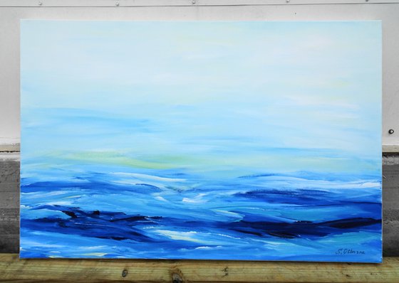 Large Abstract Seascape Painting #810-41. Blue, grey, teal, white. Beach, ocean, waves, sky with clouds.